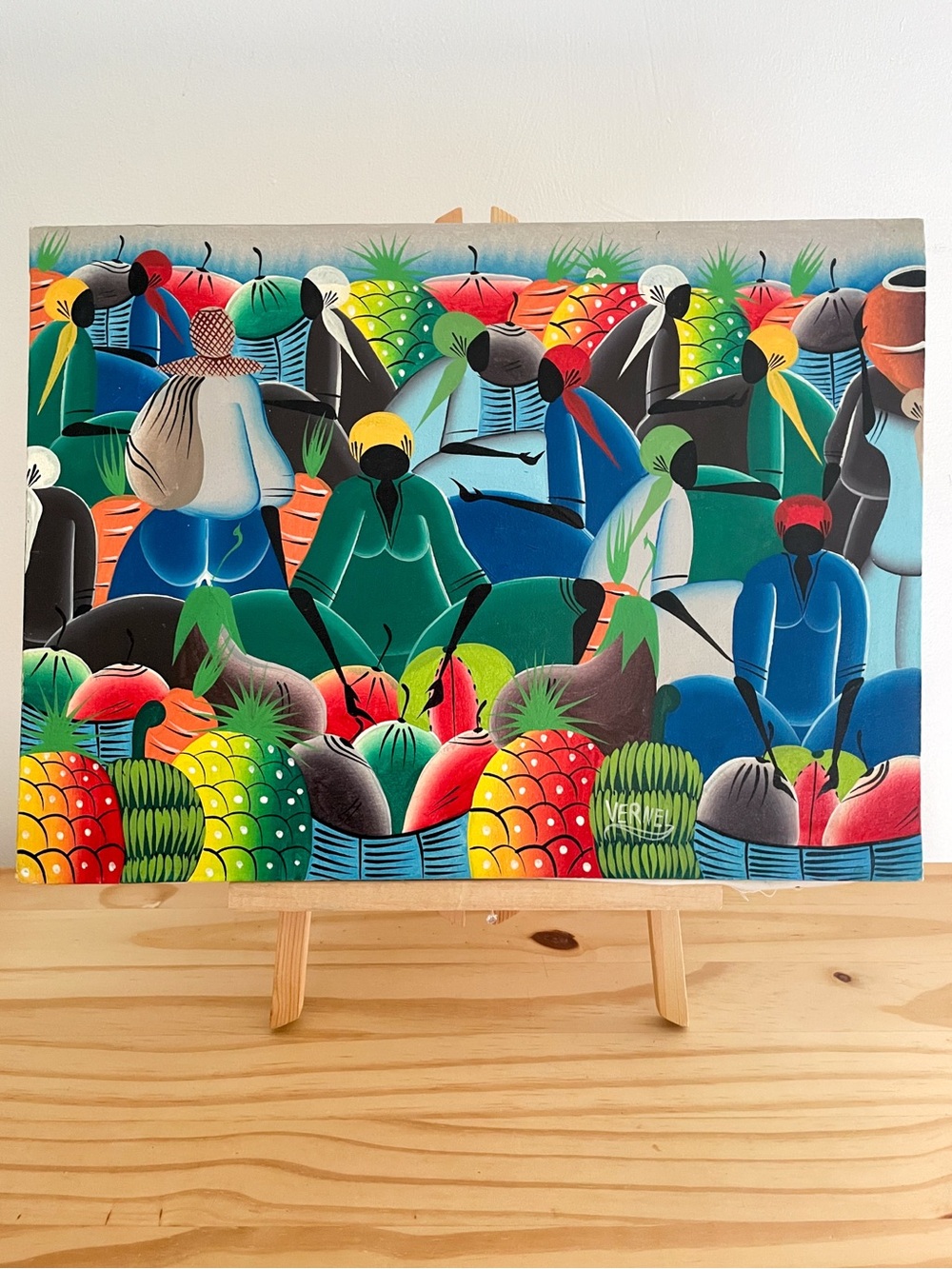 Haitian Naïve Folk Art Painting – Multicolor Market Scene signed by Artist